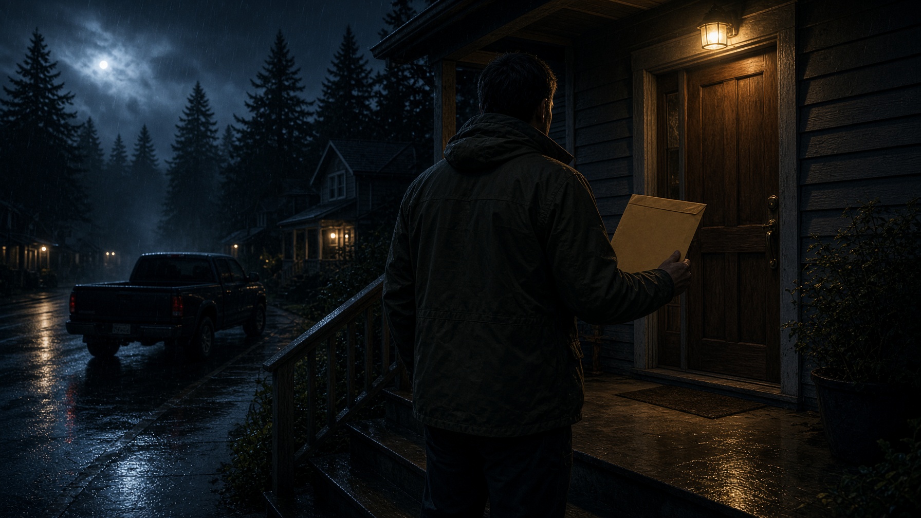 Process server at a rain-wet Oregon porch at night
