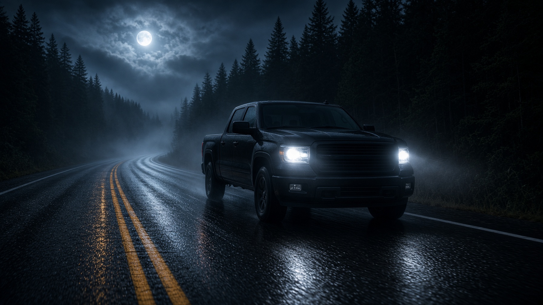 Pickup on a rain-slick Oregon highway at night